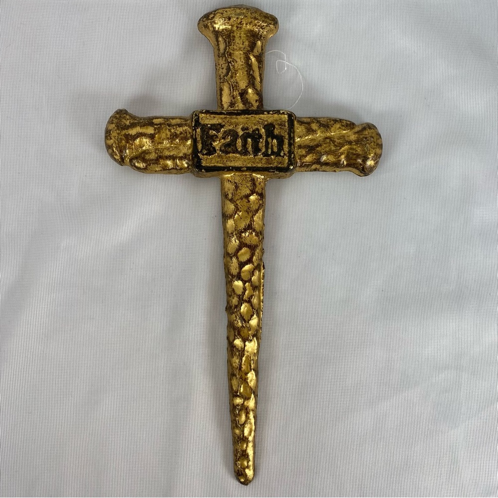 Antique Brass Tone Metal Nail Cross FAITH Wall Mount